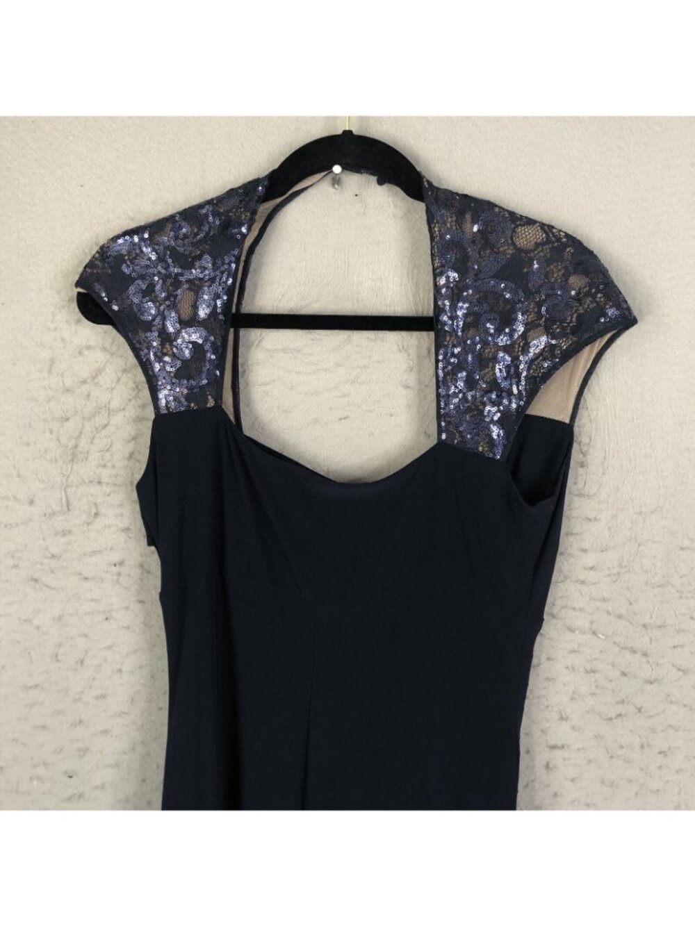 statement Dress Womens 10 Navy Blue Fitted Sequin Sleeves Formal - Picture 2 of 16